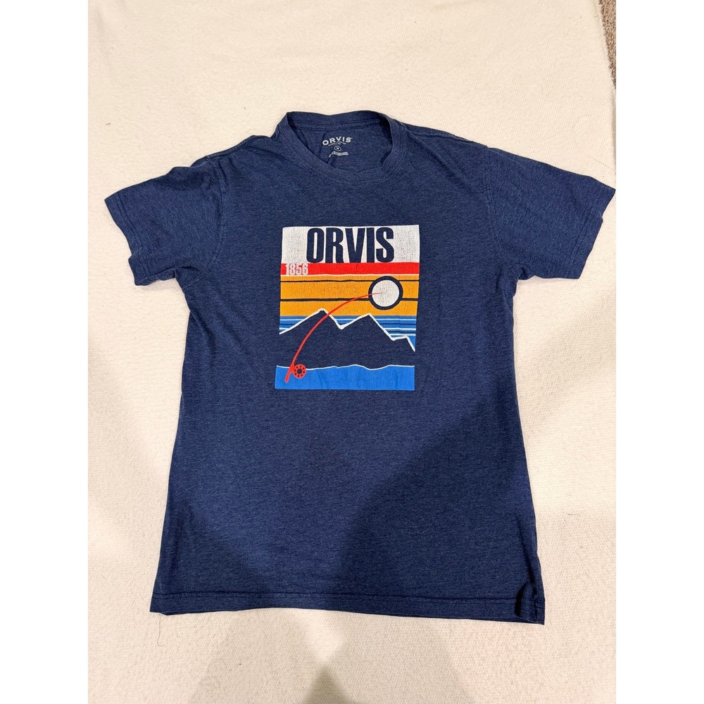 Orvis Mens Graphic T-Shirt Navy Blue Fly Fishing Mountain Scene Size M (696)
